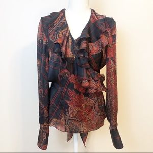 Ralph Lauren: Mixed Print Ruffle Wrap Blouse